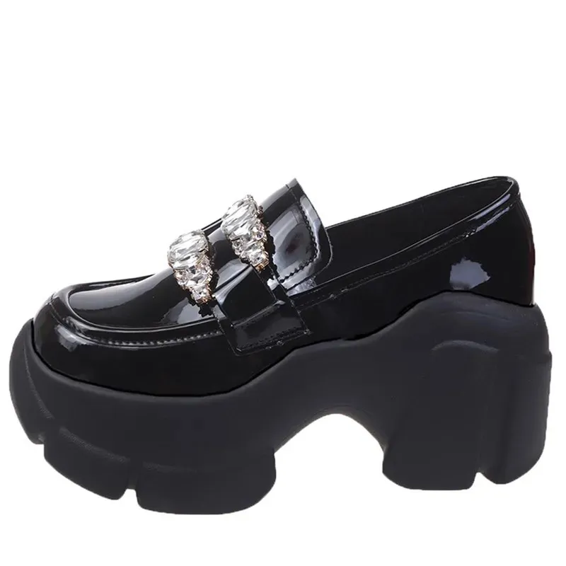 Mulheres cunhas sapatos de corrente para mulher aumentando 7cm chunky pai tênis senhoras mary jane plataforma couro sapatos casuais 240313