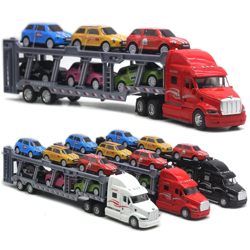 1 48 35CM Alloy American Big Truck with 6PCS Mini Metal Diecast Car Model 64 Scale Toys Vehicles For Kids 240319