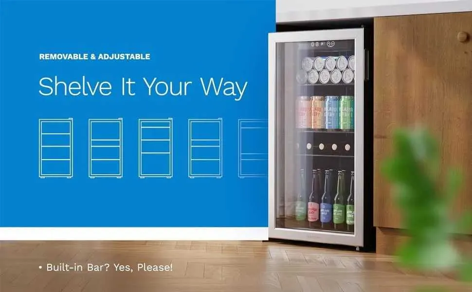 A Beverage Cooler with a Blue Background and a White Text That Reads Shelve it Your Way