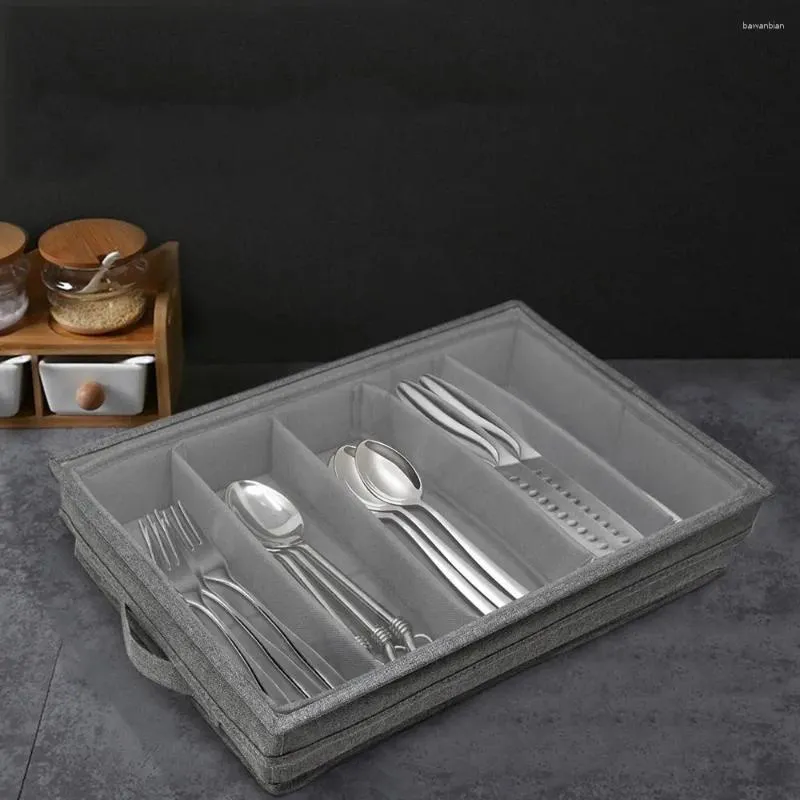 Storage Bottles With PVC Lid Flatware Case Multi Use 5 Compartment Foldable Cutlery Box Dustproof Grey Utensil Silverware