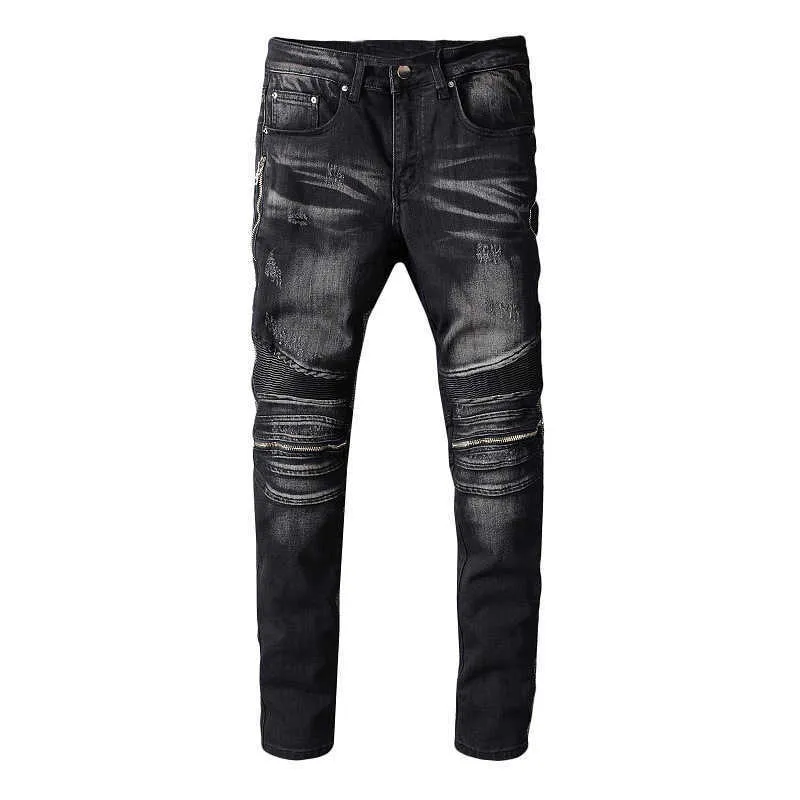 Trendamiri 607 High Street Fashion Marke, eine schwarze Punk-Stil-Reißverschlusshose, elastische Röhrenjeans für Herren