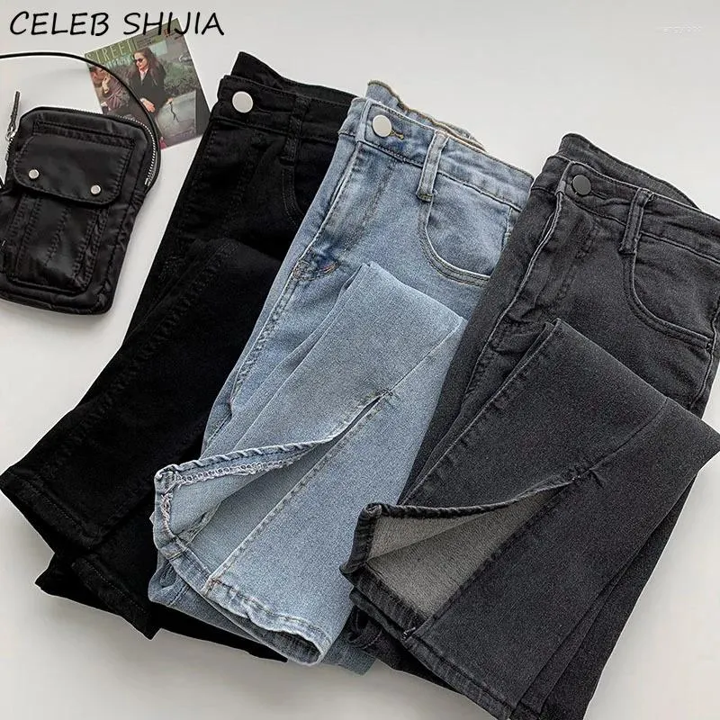 Jeans da donna Chic Split Donna Streetwear 2024 Pantaloni a gamba larga da donna in denim elastico a vita alta Moda coreana Pantaloni blu Mamma