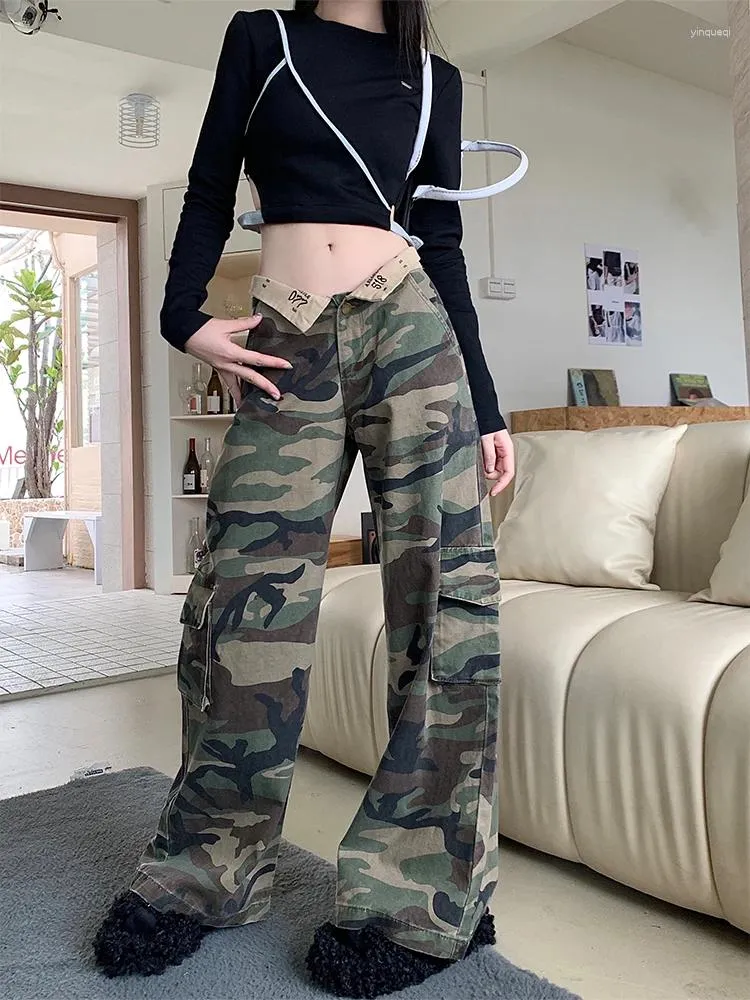 Women's Jeans Women Camouflage Cargo Vintage Korean 90s Eesthetic Y2K Denim Byxor Harajuku High midja Cowboy Pants 2000s kläder 2024