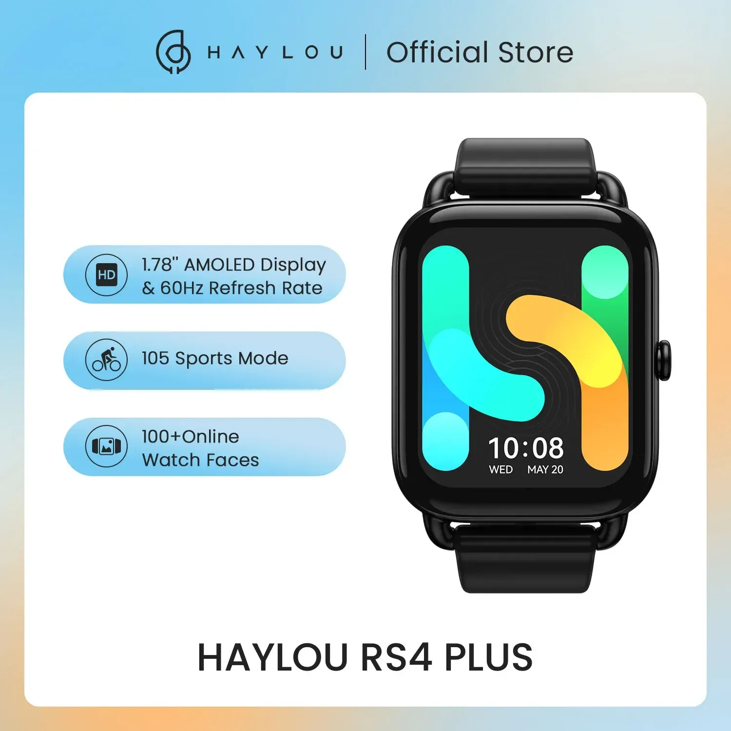 Uhren HAYLOU Silikonarmband Smartwatch RS4 Plus 100+ Online-Zifferblätter, individuelle 1,78-Zoll-AMOLED-Display-Smartwatch für Männer und Frauen