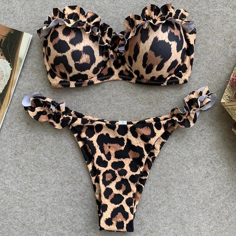 Costumi da bagno da donna Sexy Leopard increspato Coppa del reggiseno Bikini 2024 Costume da bagno donna a fascia Costume da bagno femminile a due pezzi Taglio alto