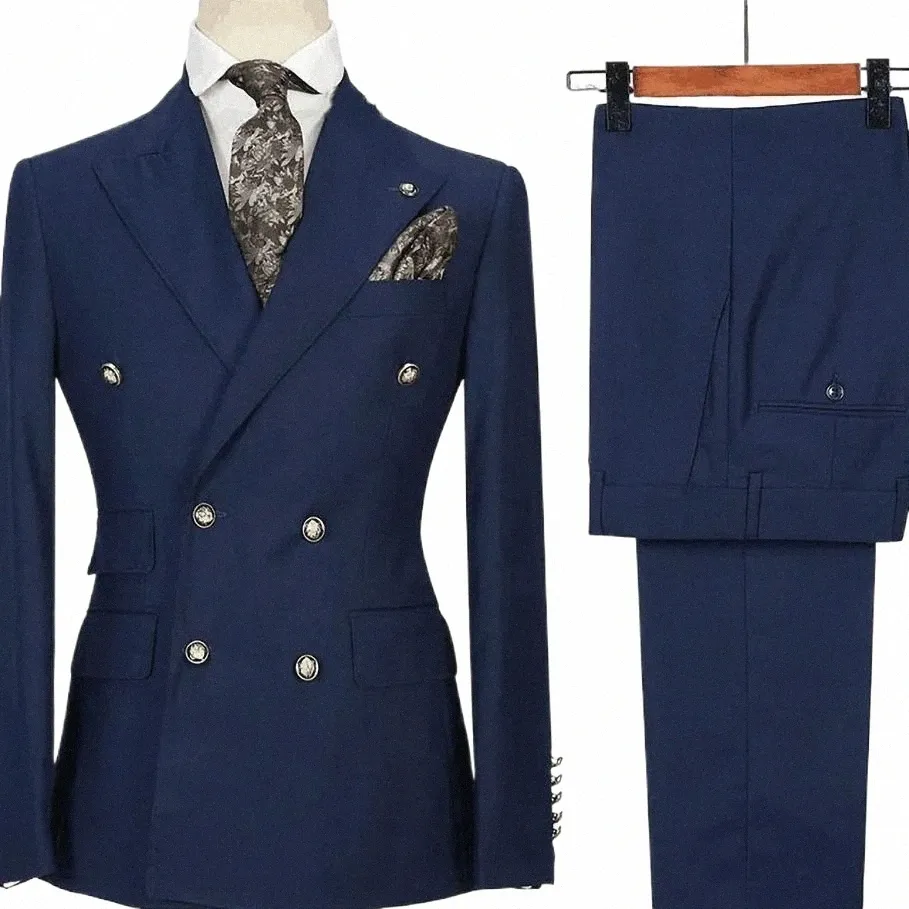 navy Blue Men Suit Two-pieceJacket+Pants New Double Breasted Buckle Handsome Fiable Male Formal Wedding Party Set h1wr#