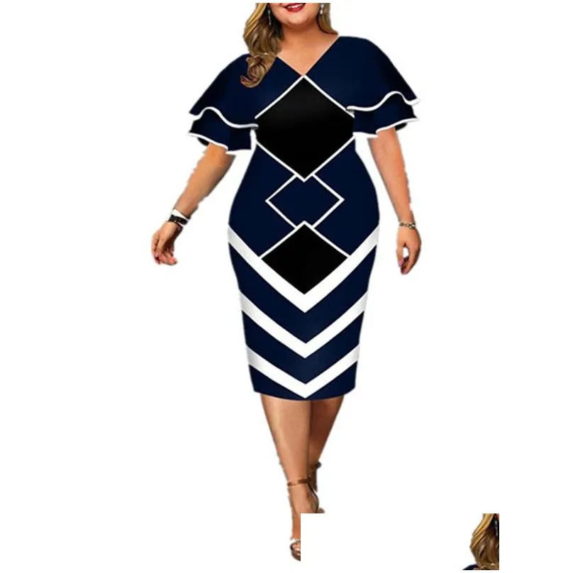 Robes de grande taille Femmes Moulante Élégante Imprimé Géométrique Robe De Soirée En Couches À Manches Cloche Casual Club Tenues Drop Livraison Ap Dhxrz