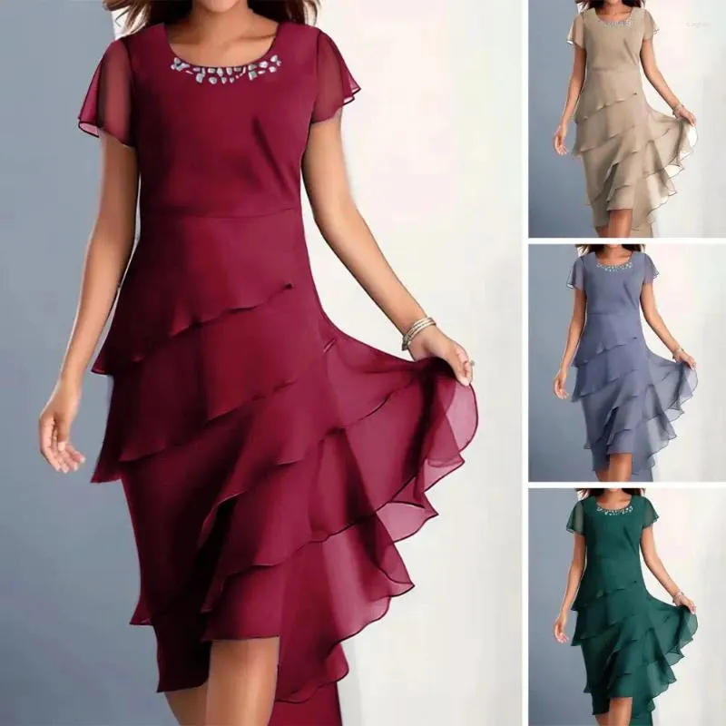 Party Dresses Chiffon Gown Dress Elegant Beaded Decor Midi With Layered Cake Hem For Wedding Guests Women's Flowy Short