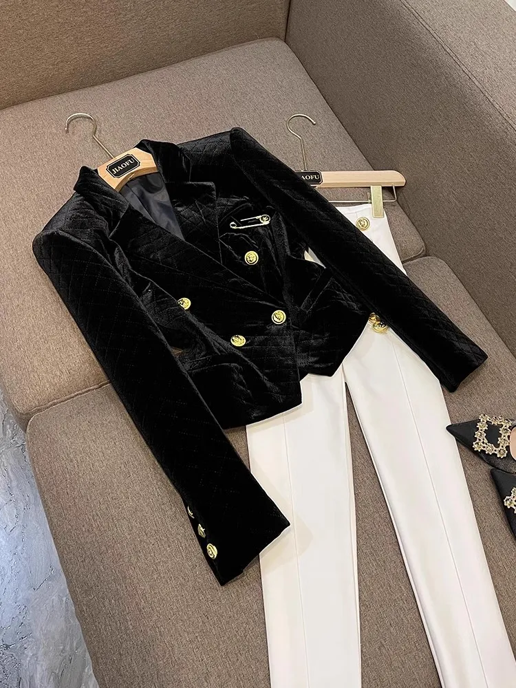 Spring Black Solid Color Velour Pin Blazers Long Sleeve Notched-Lapel Double-Breasted Outwear Coats O4J272591
