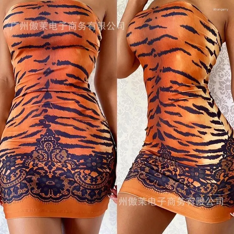 Vestidos casuais feminino tigre padrão impresso vestido sexy primavera verão 2024 sem costas fora do ombro strapless mini