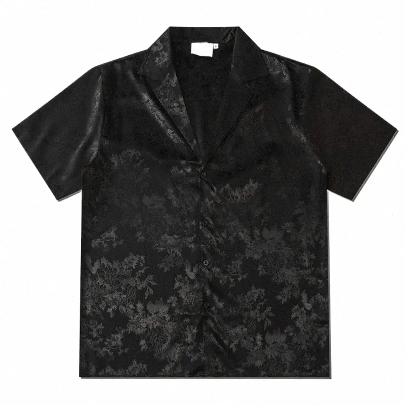 ciemny ic jacquard satynowy materiał butt w dół koszulki męskiej letnie miękkie koszule dla mężczyzny vintage uliczne koszule męskie top y9cv#
