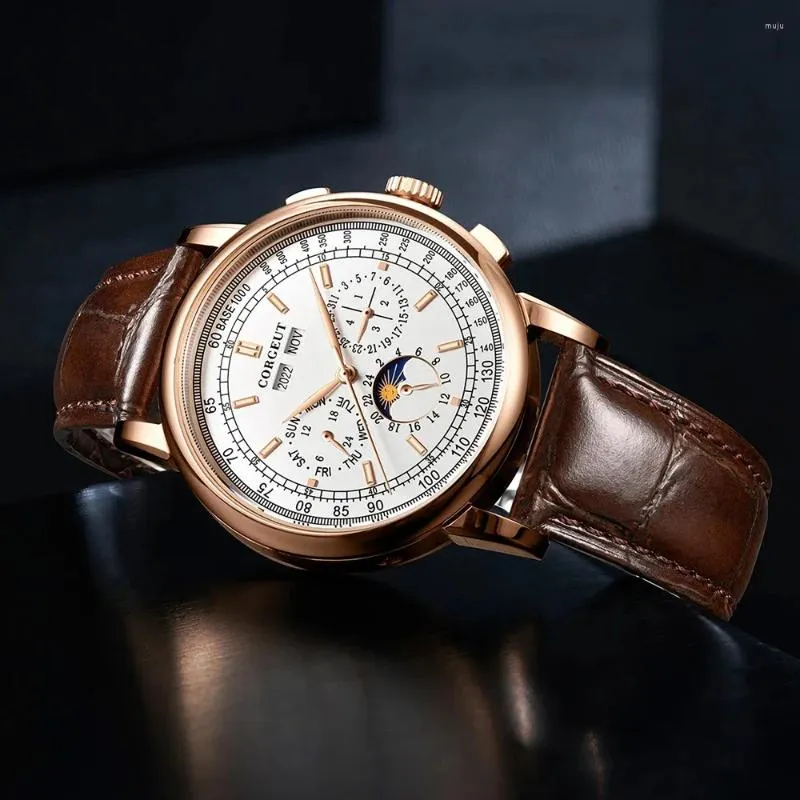 Horloges 41 mm luxe automatische meeuwbeweging Aangepast logo 316L roestvrijstalen kast Datum maanfase lederen horlogeband