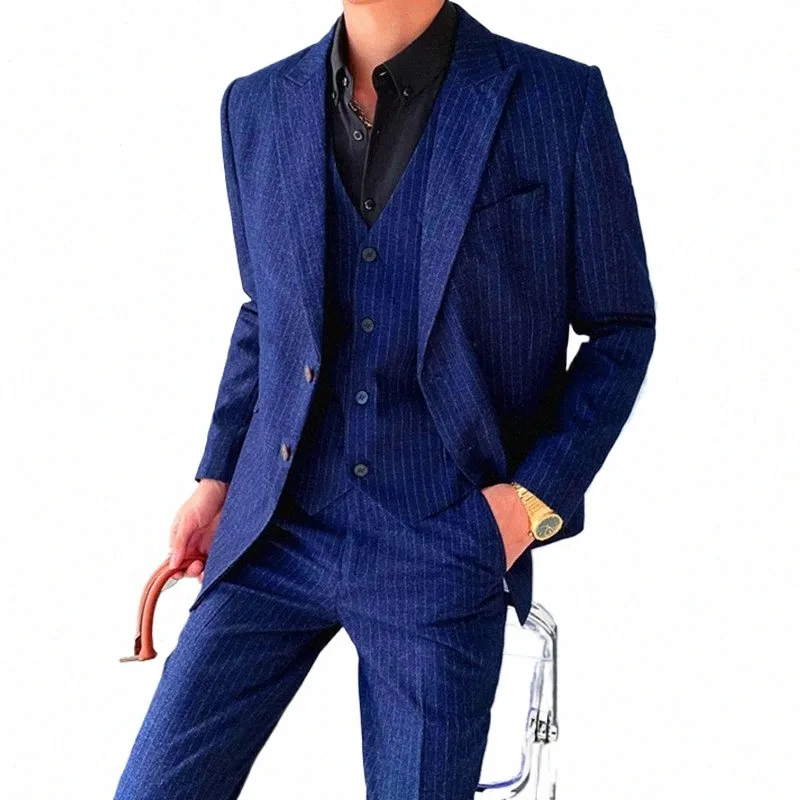 2023 Men Slim Fit Busin Casual Stripe 3 Pieces Set Male High Quality Formal Groom Wedding Suit Jacket Vest Pants Trousers P6OO#