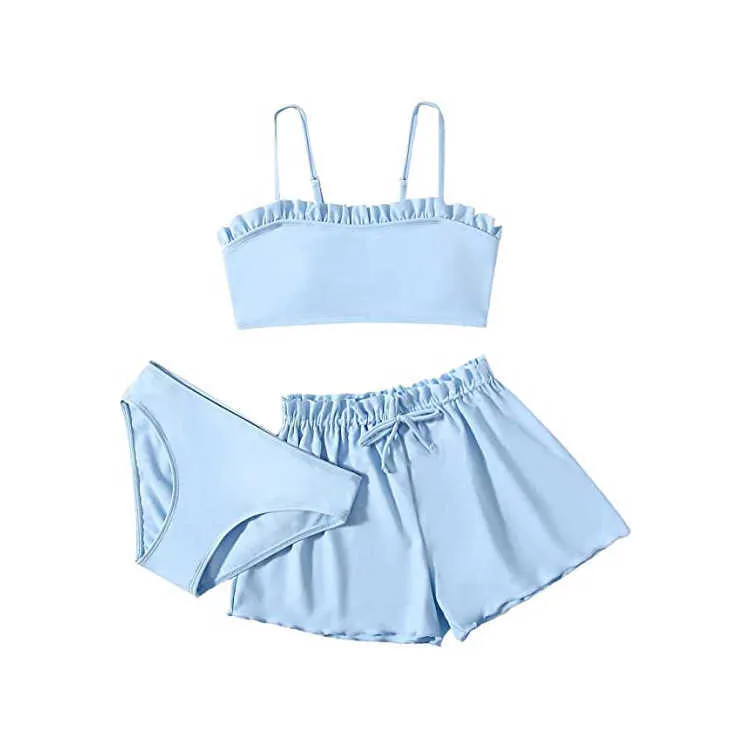Hot Selling Girls Frill Trim Solid Bathing Suit Bikini 3 Pieces Swimwear with Tie Front Shorts