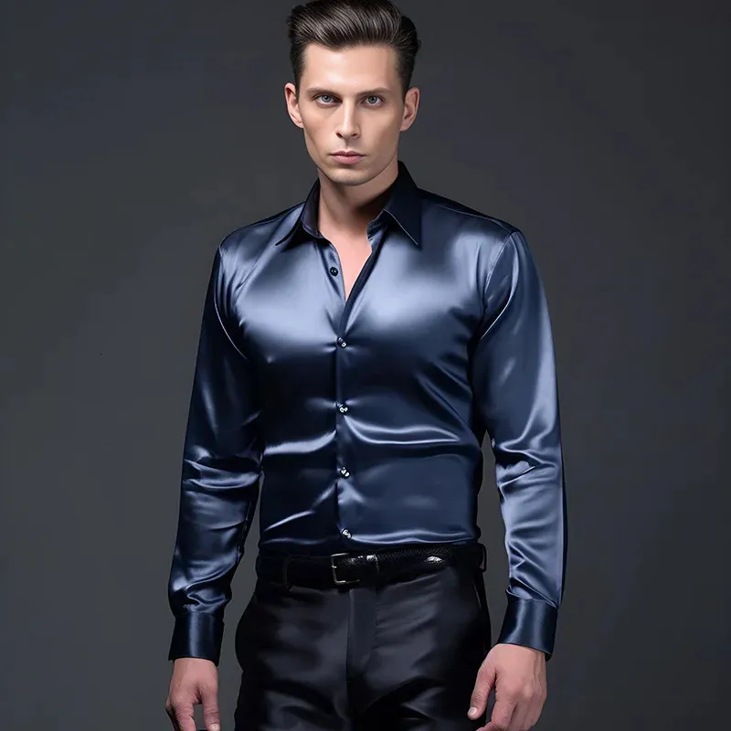 Mens Satin Silk Dress Shirt Long Sleeve Slim Business Formal Casual Tops Classic 240315