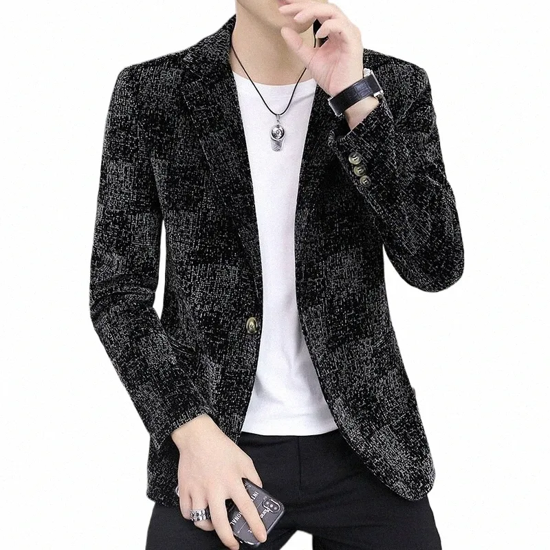 HOO 2023 Herrens Autumn New Corduroy Suit Youth Printed Printed Casual All-Match Fi New Blazer H6TE#