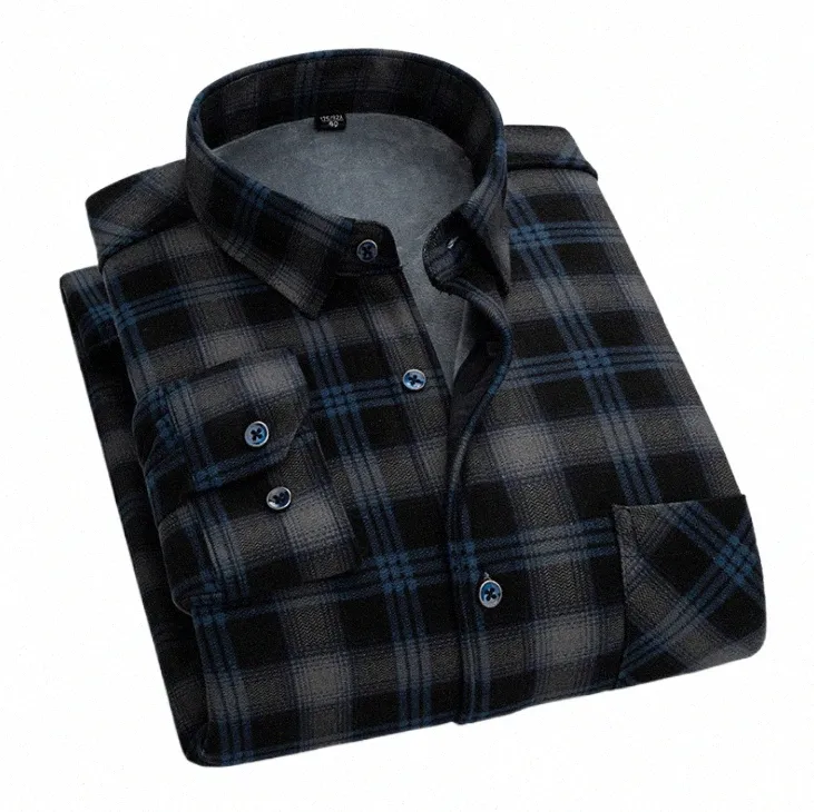 Autumn Winter Men's Warm Plaid Print Shirts Busin LG Sleeve Thick Soft mjuk casual flanell varm dr -skjorta plus storlek u0ug#