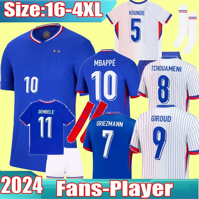 S-4XL Mbappe Soccer Jerseys 2024 French Benzema Griezmann Pogba Giroud Tchouameni Home بعيدًا 24