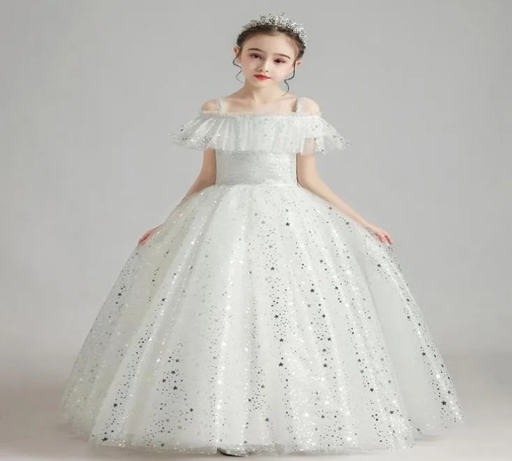 Drömliknande vita silverstjärnor tyllband Flower Girl Dresses Girls039 Pageant Dresses HolidaySbirthday Dressskirt Custom Siz5270039