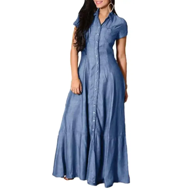 Party Dresses Women Denim Dress A Line High Waist With Ruffle Hem And Patch  Pockets Elegant Lapel Casual Wear From Julia_dress, $37.18 | DHgate.Com