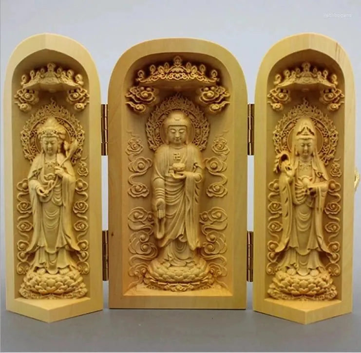 Декоративные фигурки, креативная статуя Будды из цельного дерева, три открытых маленьких украшения для дома, аксессуары, подарок для рукоделия
