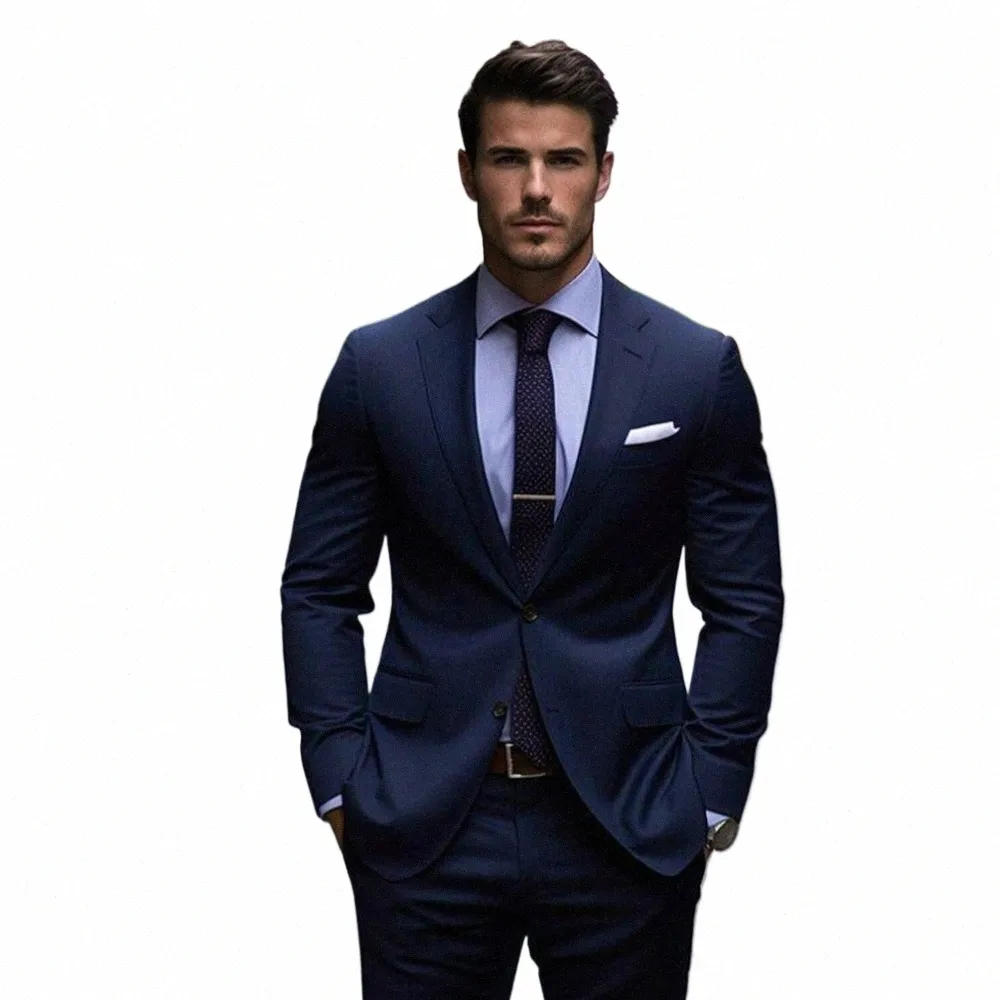 Formal Notch Lapel Ternos Masculinos Azul Marinho Chique Único Breasted Busin Causal 2 Peça Sólida Fi Masculino Terno Jaqueta + Calça B1cl #