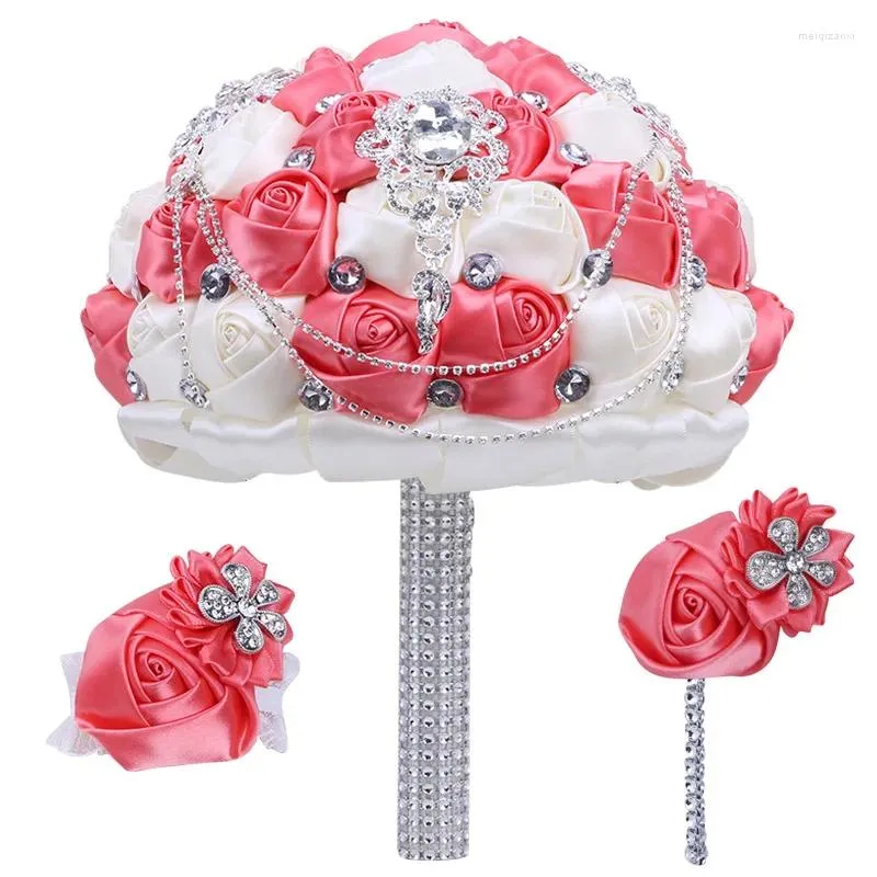 Dekorative Blumen hohe Qualität 21 cm künstliche Hochzeit Haltestand mit Perlen Kristall Handgelenk Blumen Broschen Set
