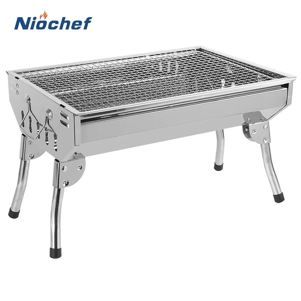 Grills Barbecue à charbon de bois en acier inoxydable, poêle pliable pour Camping en plein air, randonnée pique-nique, outils de cuisine avec filet de BBQ