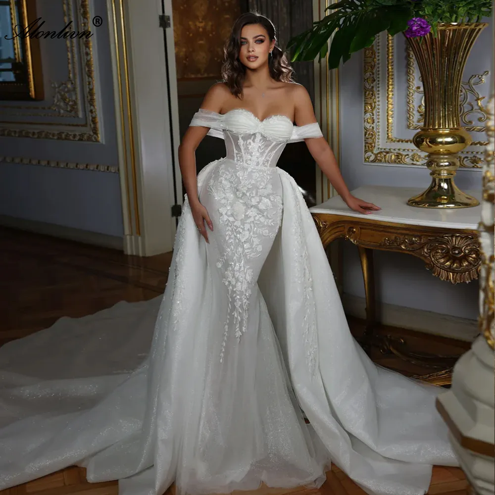 2024 Luxe Hors Épaule Manches Chérie 2 En 1 Robes De Mariée Sirène Train Amovible Perles Appliques Dentelle Trompette Robes De Mariée