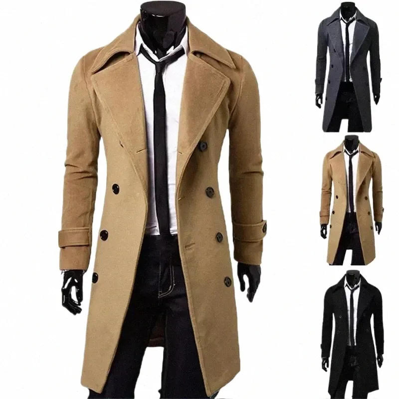 Herfst Winter Mannen Lg Trenchcoat Double-Breasted Effen Kleur Eenvoudige Mid-Lengte Winddicht Dikke Britse Fi Slanke jas Y7Vd #