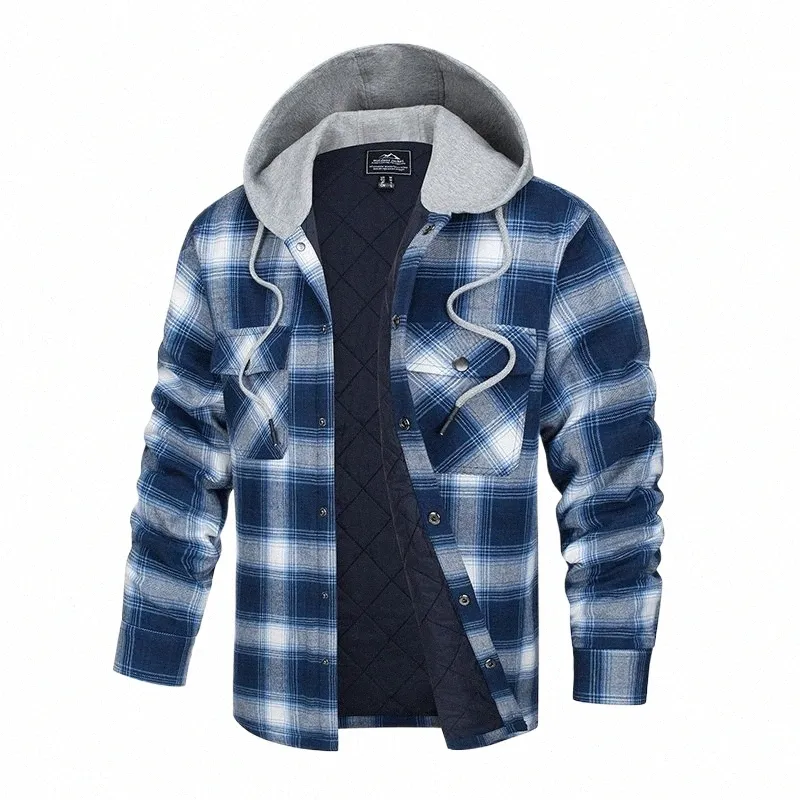 magcomsen Men's Hooded Flannel Jacket Winter Warm Coat Autumn Plaid Shirt Jacket Windbreaker with Hood M0ZL#