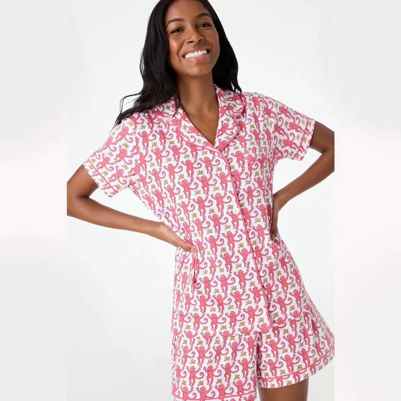 Damen-Pyjama mit Affenmuster, kurzärmelig, mit Knopf, lustiges grafisches Hemd, Pyjama-Set, 2-teiliges Set, kurze Nachtwäsche, Dessous 240327