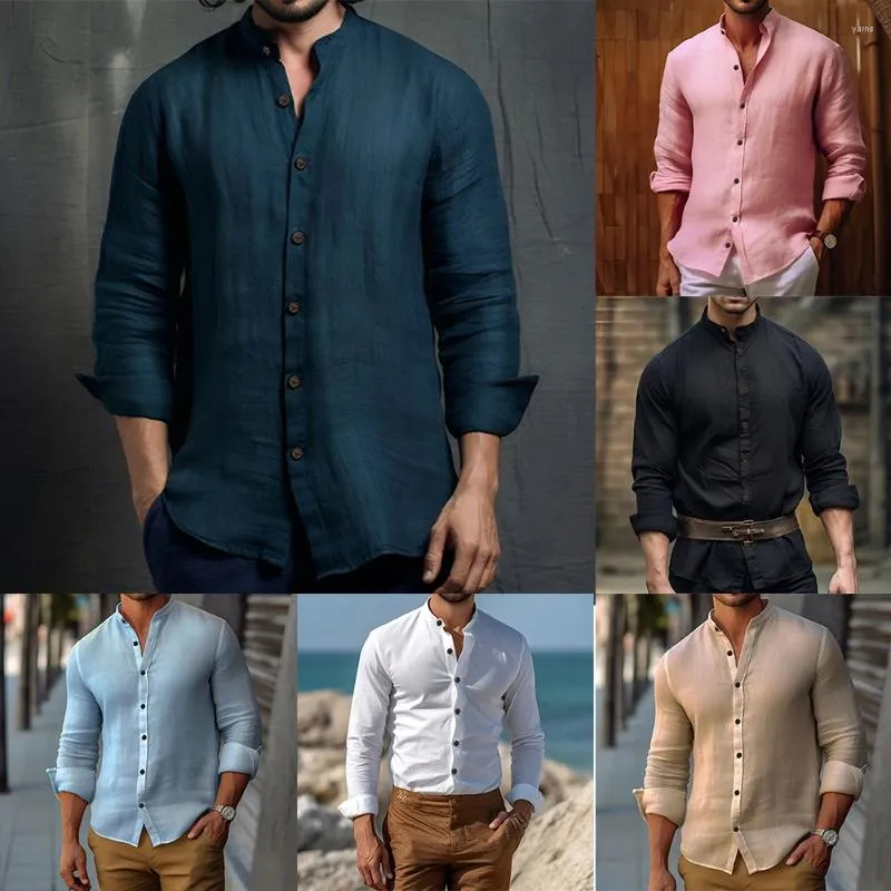 Mäns casual skjortor män retro kragefri formell informell grandad långärmad bomullsskjorta topp vintage mode krage