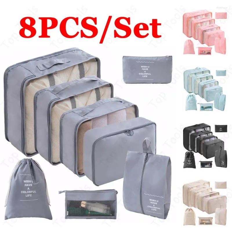 Opbergzakken 8CS/Set Reisorganisator Tas Koffer Verpakking Kubus Set Koffer Draagbare Bagage Kleding Schoen Cosmetica Netjes zakje