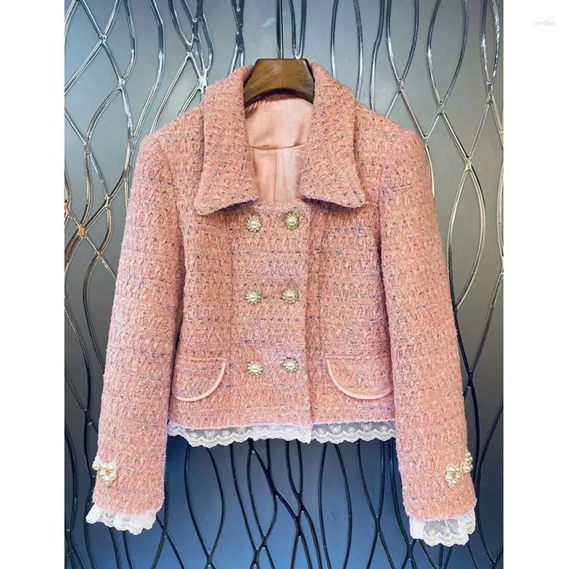 Damenjacken 2024 Frauen Frühlingskleidung Marke Designer Zweireiher Knöpfe Spitzenbesätze Rosa Tweed Jacke Crop Top