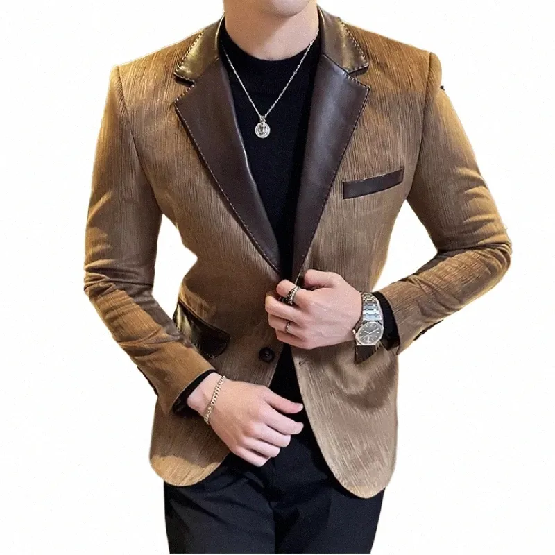 Veste de costume en cuir pour hommes, automne, nouveau busin, smoking décontracté, coupe cintrée, beau costume, blazer, vêtements de marque supérieure, 99Ss #