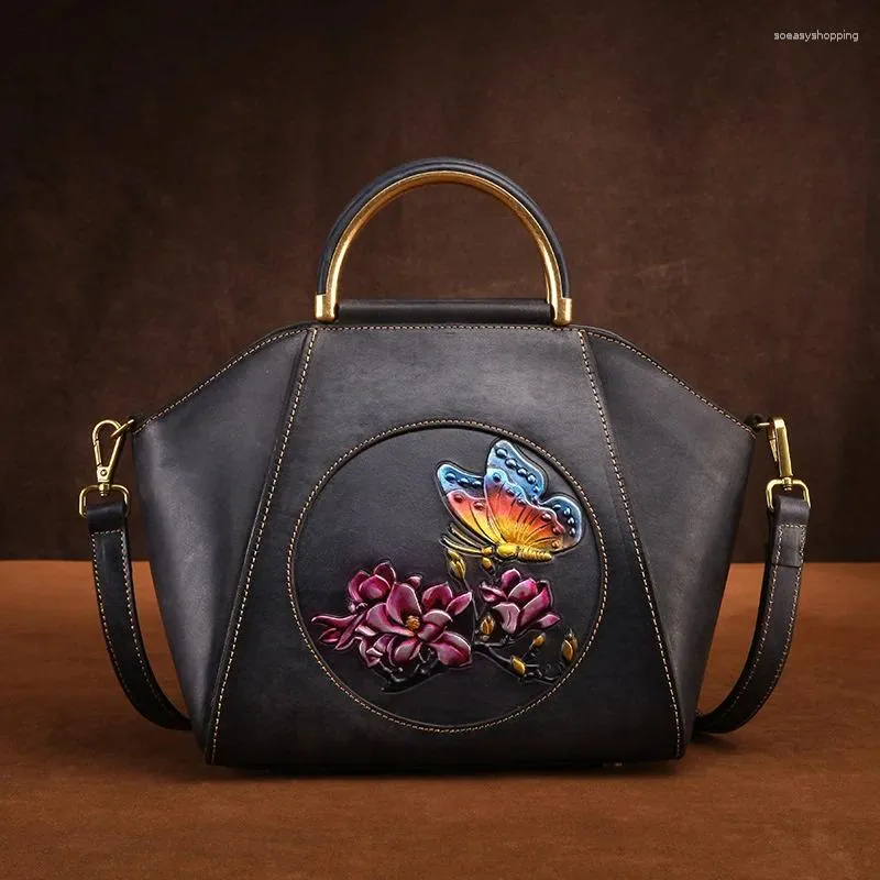 Avondtassen Natuurlijke Huid Tote Schouder Vrouwelijke Bloemmotief Vintage Design Dames Echt Lederen Messenger Bag Handtas