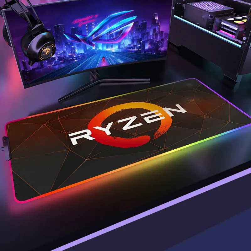 Коврики Логотип RYZEN RGB игровые аксессуары Коврик для мыши Большой светящийся светодиодный удлиненный коврик для мыши Нескользящий резиновый коврик для компьютерной клавиатуры Настольный коврик