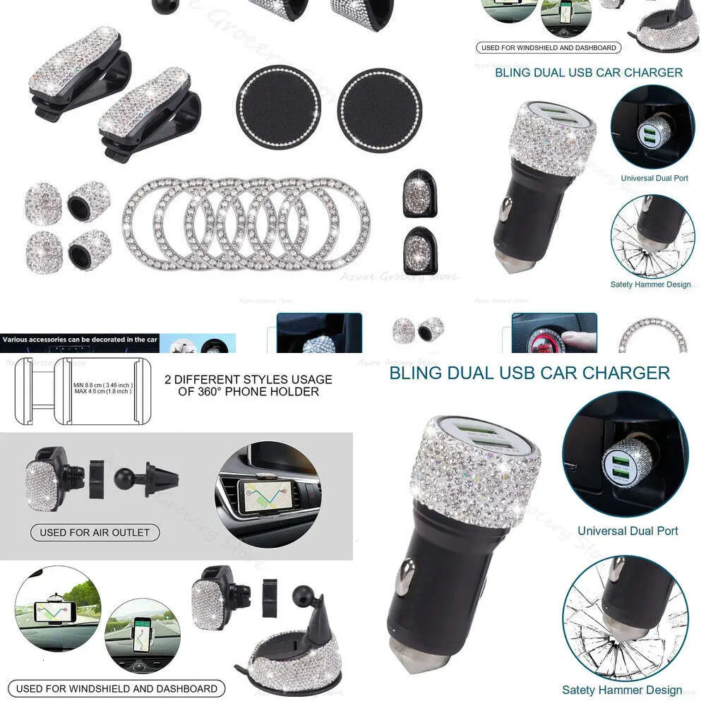 Update 20pcs Bling -Strass -Zubehör für Frauen universelle Telefonhalter Dual USB Car Ladegerät Auto Interior Hooks Kits