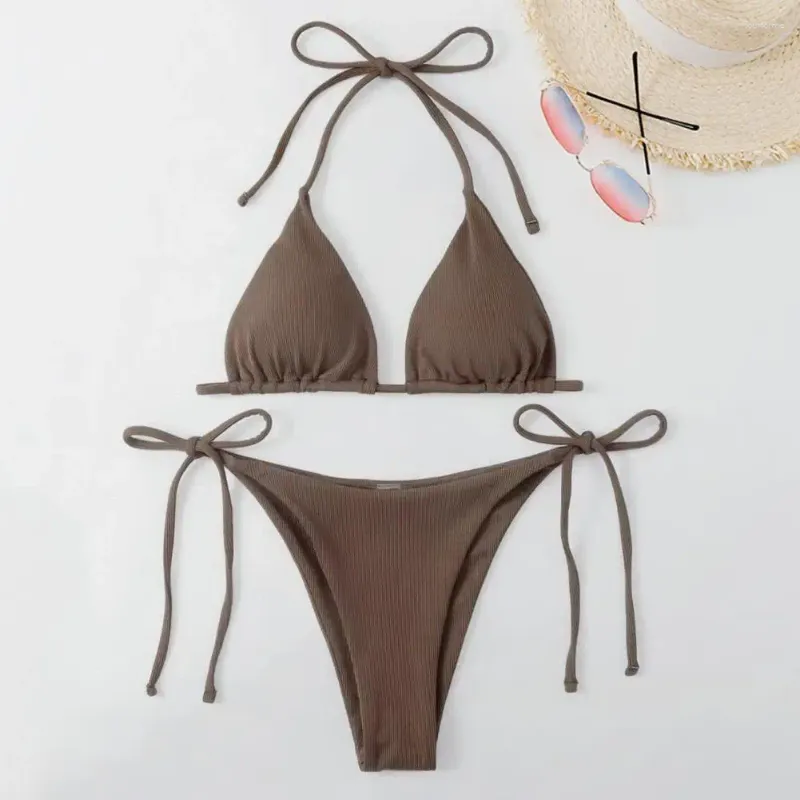 Vrouwen Badmode 2 stks/set Vrouwen Badpak Geribbelde Backless Pads Bikini Set Halter Driehoek Bh Side Tie Thong Kleding