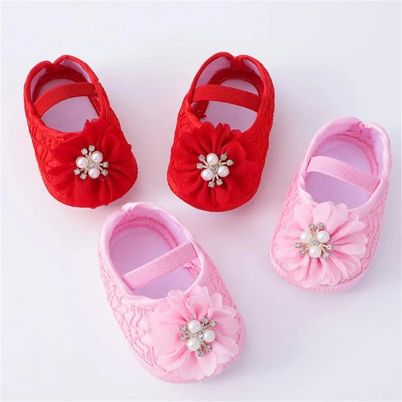 First Walkers Tregren Infant Baby Girls Princess Shoes With Headband Soft Sole Non-slip Pearl Flower Wedding Dress Walking Crib