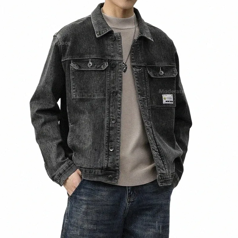 Våren ny High Street Vintage Denim Jacket Men Wed Fi Work Wear Pocket Stretch Jeans Jackor Black Grey D32i#