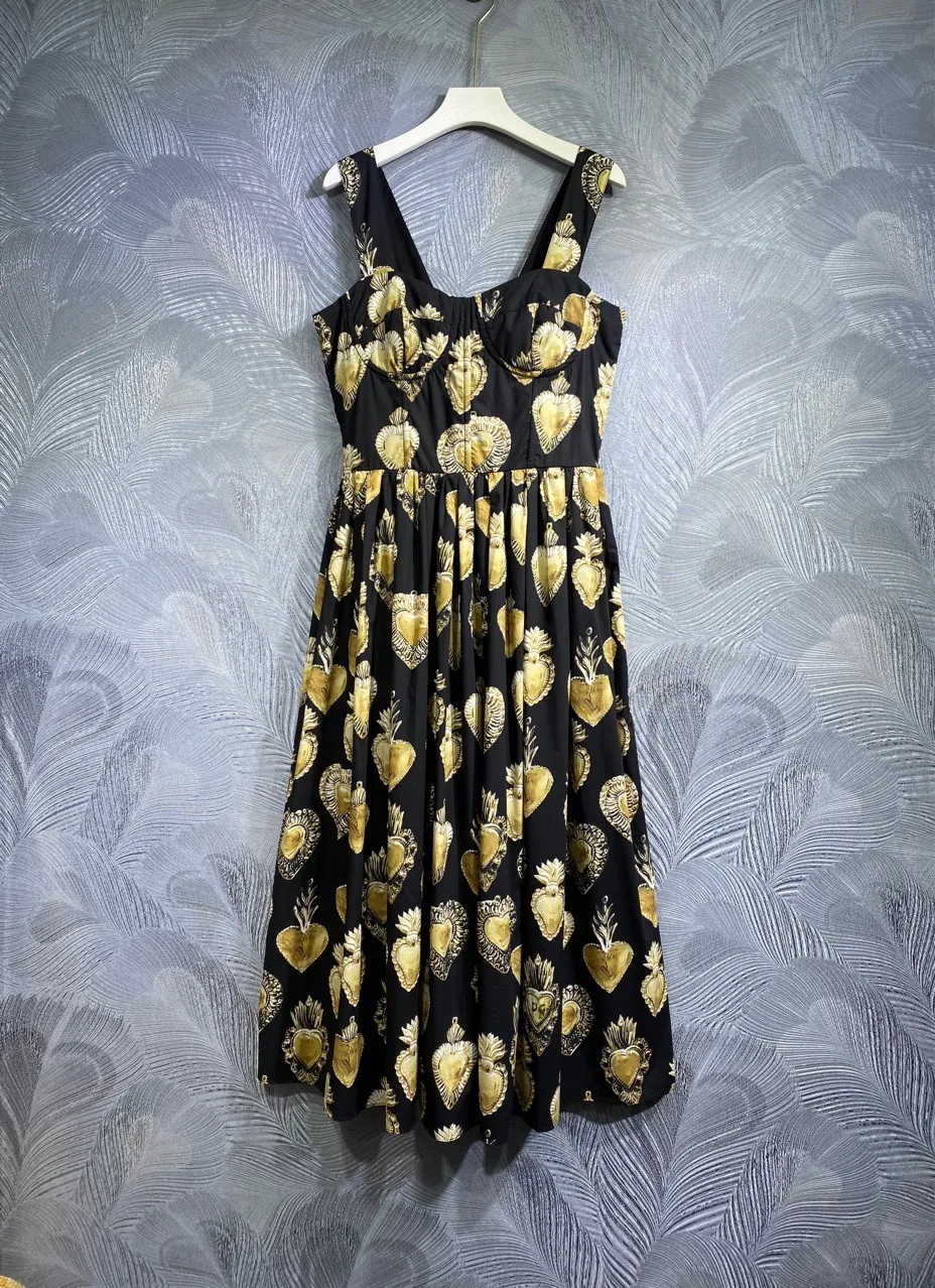 2024 가을 플로럴 프린트 패널 드레스 검은 소매 범위 사각형 목 미디 캐주얼 드레스 T4M182252