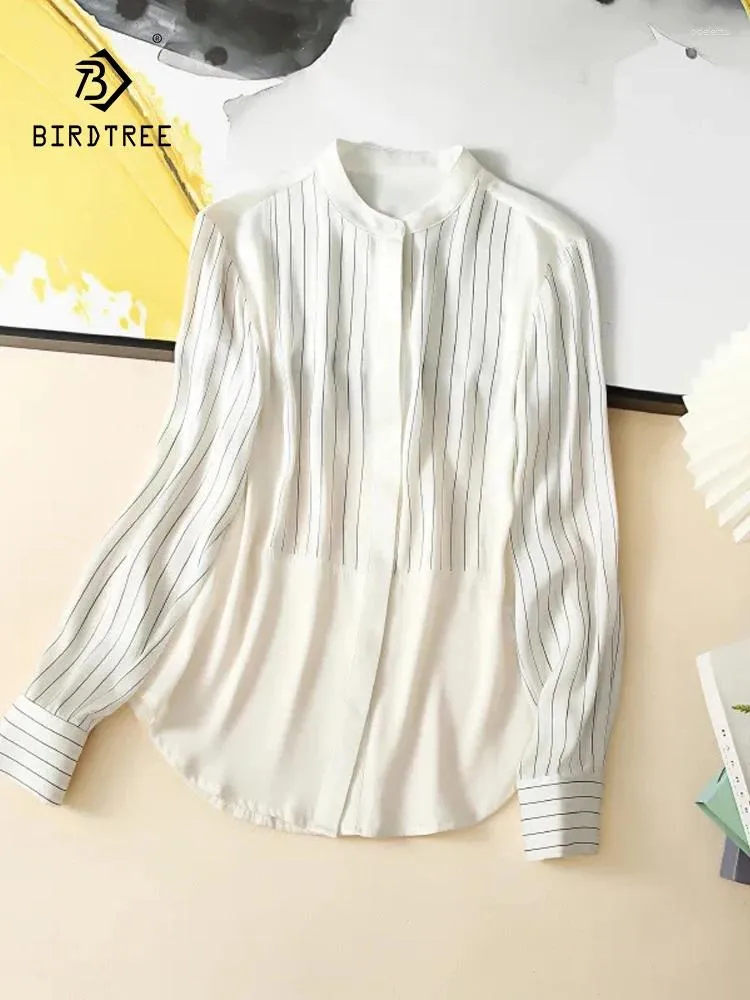 Blouses pour femmes Birdtree manches longues automne 2024 tempérament mode chemise professionnelle vraie soie rayé blanc T38560QC