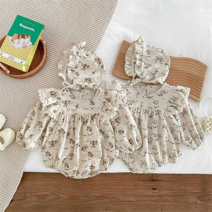 7937 Vestiti per bambini Floral Girs Body Autunno Velluto a coste Girocollo Abiti floreali Abiti da arrampicata con cappello240327