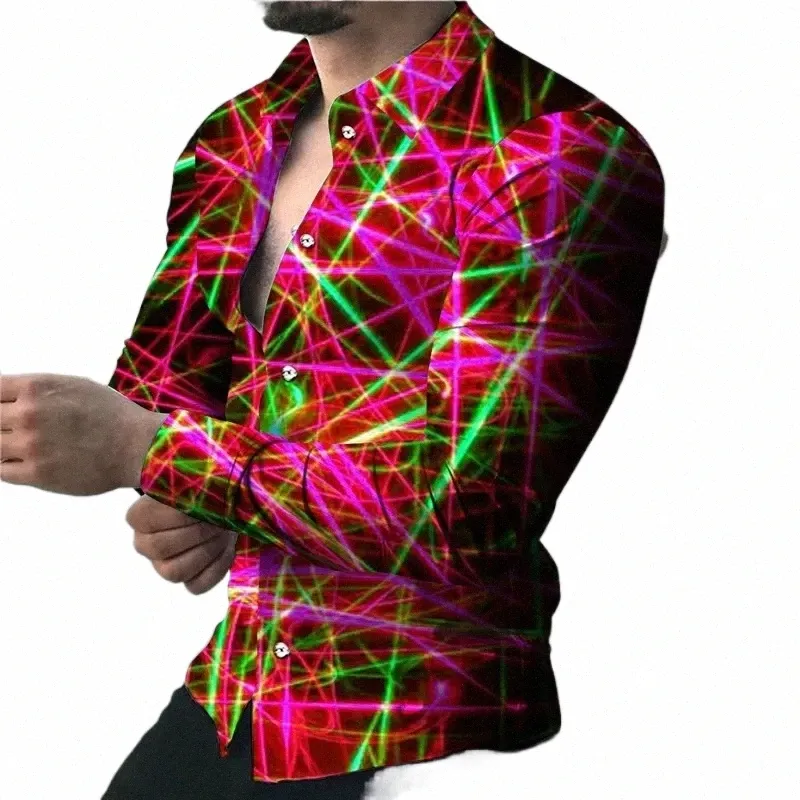 2023 Novas camisas masculinas em linhas de cores de outono 3D impressão LG-mangas single-breasted camisas fi design bola festa jaqueta 3XL l36T #