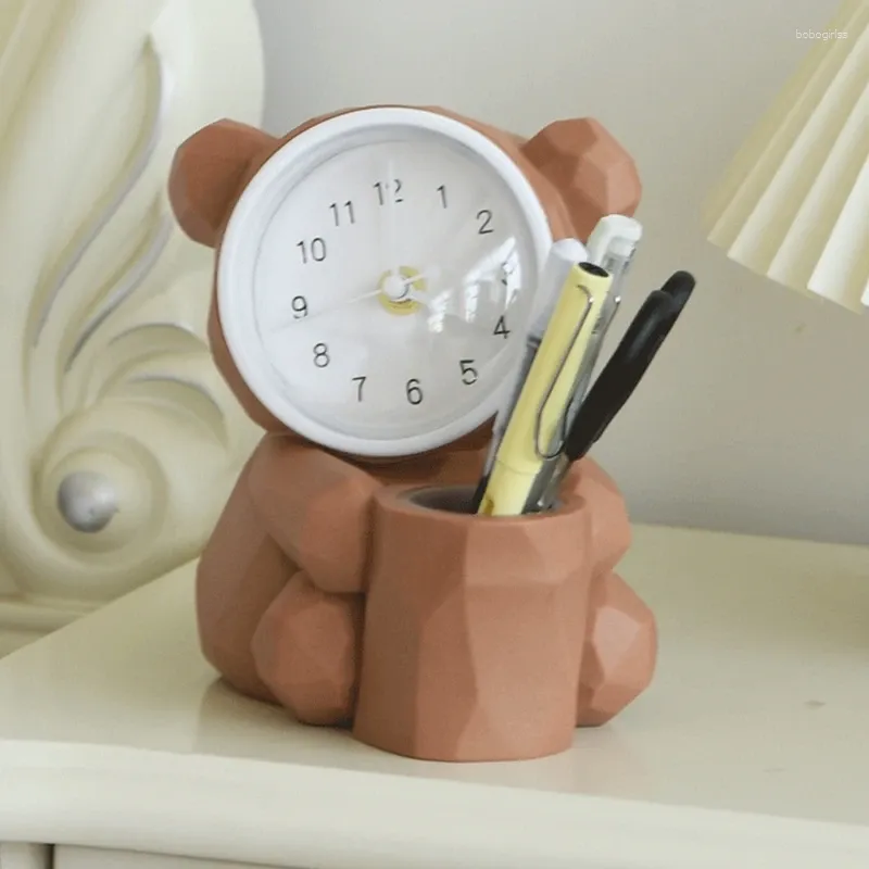 Horloges de table porte-stylo de bureau réveil multifonctionnel cochon dessin animé ours stockage 87HA