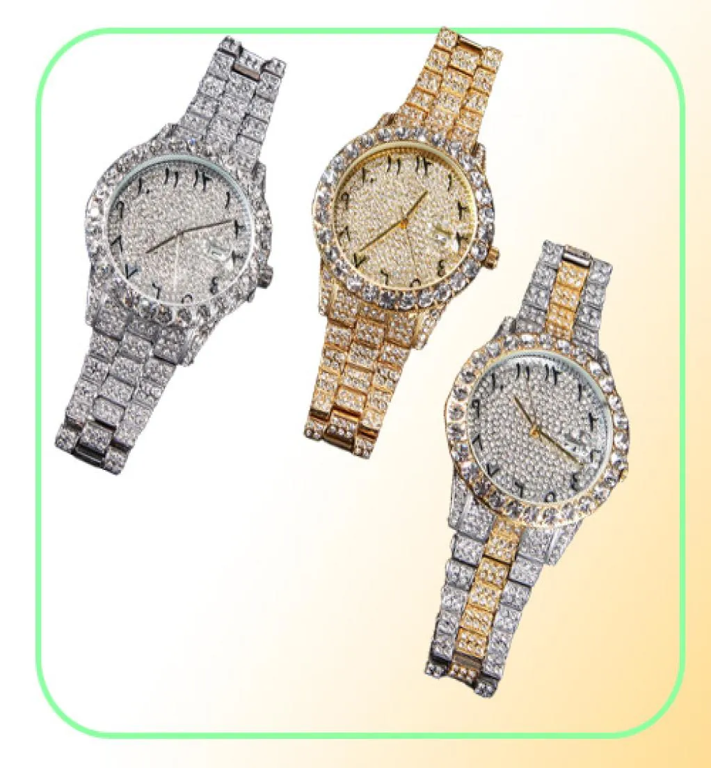 Algarismos arábicos Mens Full Diamond Relógios Hip Hop Moda Feminina Iced Out Watch 18K Gold Classic Watch Gift7505762