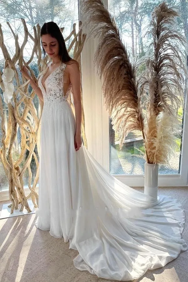 Backless A Line Chiffon Wedding Dress with V Neck Lace for Beach Summer  Weddings from Dhgate A-Line Wedding Dresses