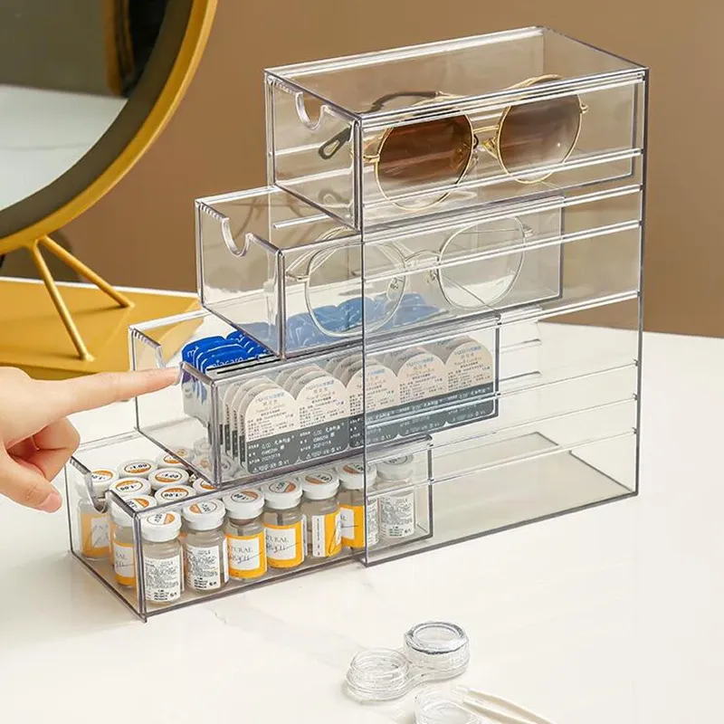 NETS 4 lager Glasögon Lagring Box Akryl Organisator Kosmetika Makeup Organiser Lagringslådor Pen Case Stapelbar Displayhållare